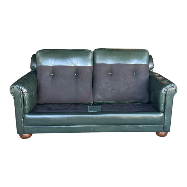 Vintage Dark Green Tufted Leather English Club Loveseat For Sale - Image 14 of 14