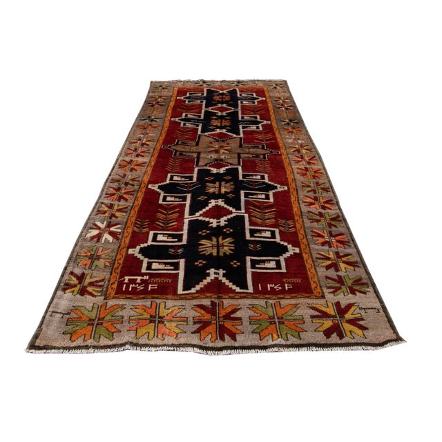 Textile 1960s Vintage Azeri Handmade Red Tribal Wool Runner For Sale - Image 7 of 9