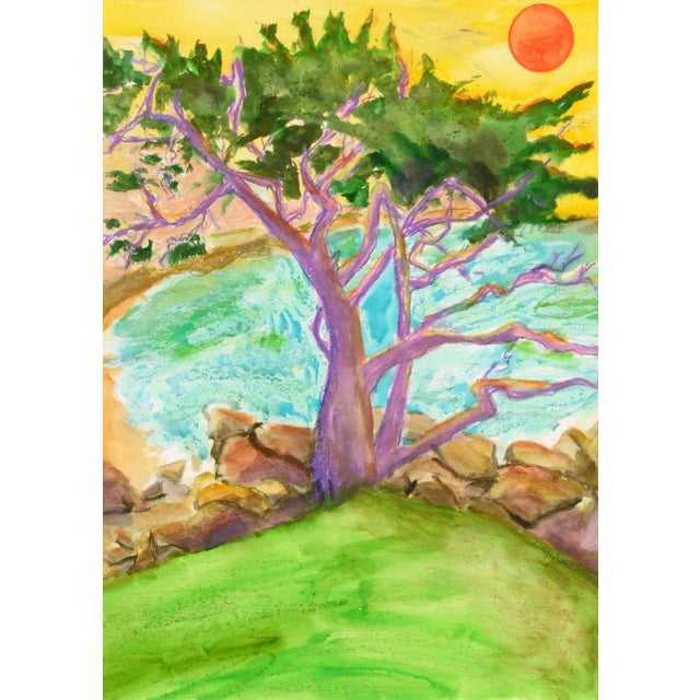 Brightly colored landscape of a cypress tree at the edge of the water by Karen Druker (American, 1945). Signed "Druker" in...