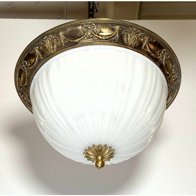 White Mid 20th Century Restored Traditional 18 In. White Glass Dome Brass Flush Mount Light For Sale - Image 8 of 8