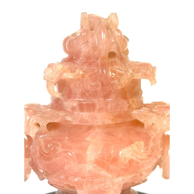 Mid 20th Century 20th C. Chinese Carved Rose Quartz Archaistic Censer with Guardian Lion Finial For Sale - Image 5 of 18