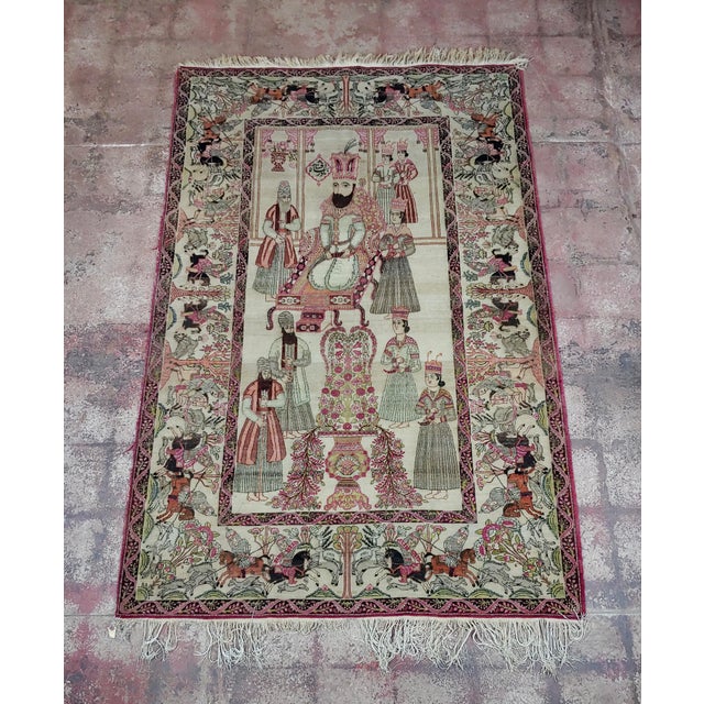 19th Century Exquisite Persian Silk Kerman "Nader Shah" Pictorial Rug For Sale In Los Angeles - Image 6 of 11