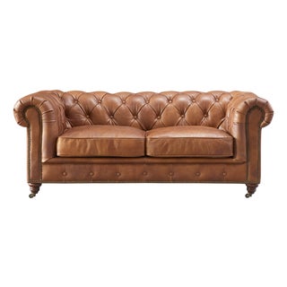 Century Chesterfield Love Seat - Bark Brown Leather For Sale