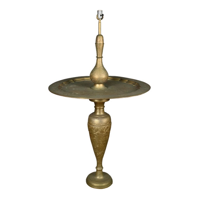 1950s Moroccan Etched Brass Floor Lamp With Tray Table For Sale