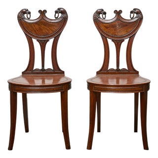 Pair of English Mahogany Hall Chairs with Carved Eagle Heads, 19th Century For Sale
