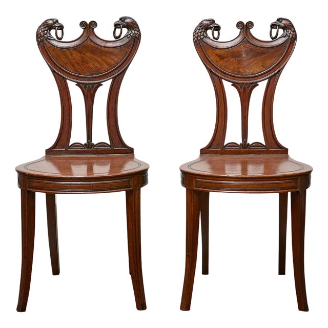 Pair of English Mahogany Hall Chairs with Carved Eagle Heads, 19th Century For Sale
