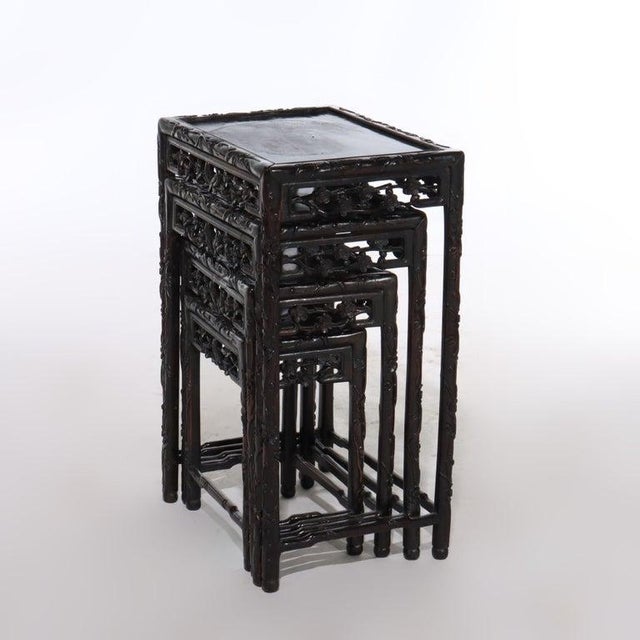 Set of 4 Antique Chinese Floral & Figural Carved Hardwood Nesting Tables For Sale - Image 10 of 13