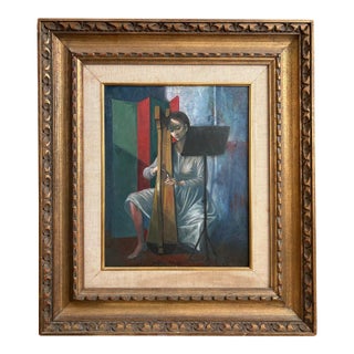 Jean-Pierre Alaux “La Harpe Irlandaise” Original Oil Painting 1950 Beaux-Arts For Sale
