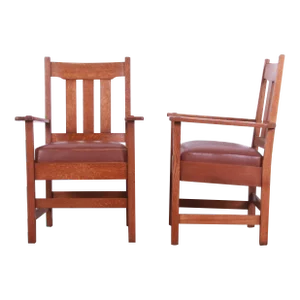 Stickley Brothers Mission Oak Arts & Crafts Arm Chairs, Pair