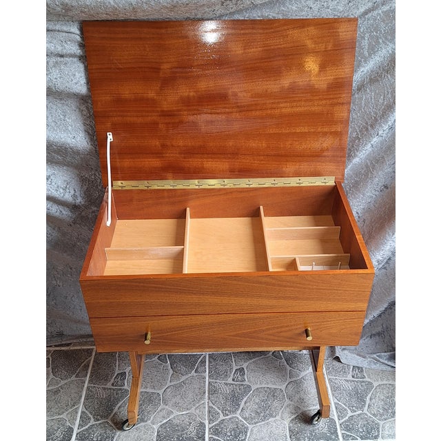 Vintage German Sewing Table on Wheels in Walnut, 1960s For Sale - Image 4 of 11