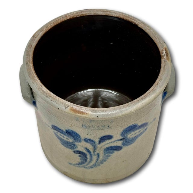 Excellent 1850s Antique American Blue 2 Gallon Flower Decorated Stoneware Jar by S. T. Brewer - Havana New York For Sale - Image 10 of 18