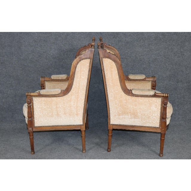 Mid 19th Century Pair of Antique French Louis XVI Bergère Chairs, Walnut Carved Frames With Down Cushions, Turn of the Century For Sale - Image 5 of 15