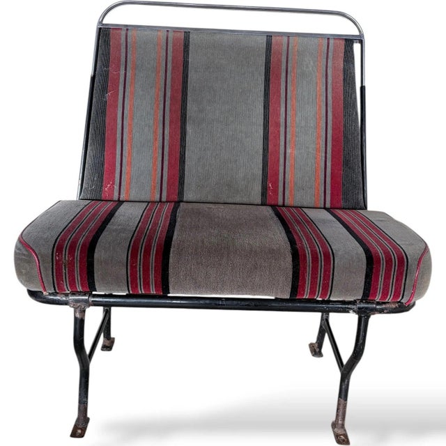 Vintage Industrial Bench with Racing Stripe Upholstery For Sale - Image 6 of 9