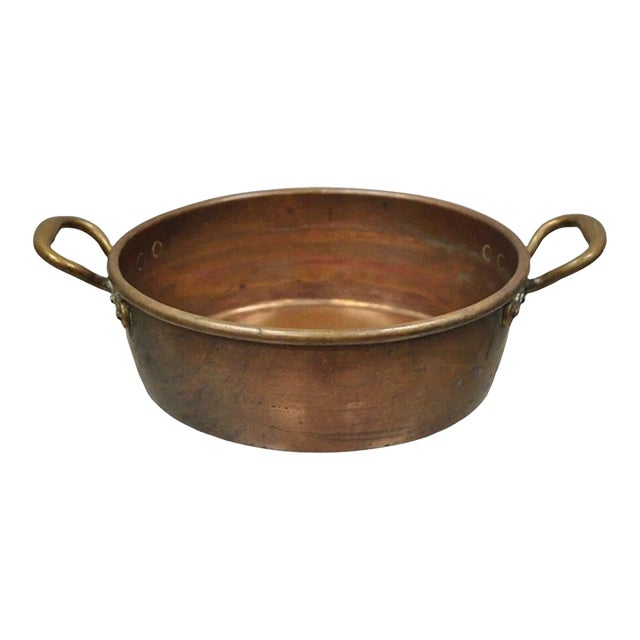 Antique French Country Hand Forged 12" Round Twin Handle Copper Cauldron Pot Pan For Sale