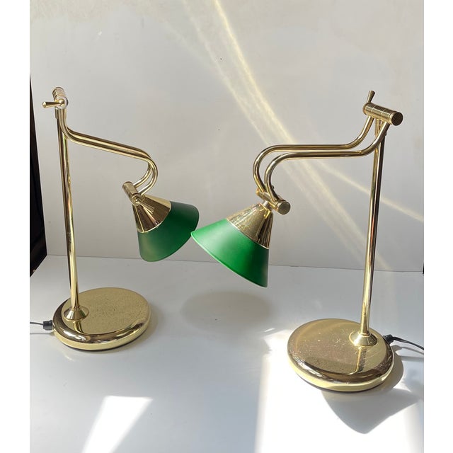 Forest Green Vintage Scandinavian Bankers Desk Table Lamps in Brass and Green Glass, 1990s, Set of 2 For Sale - Image 8 of 12