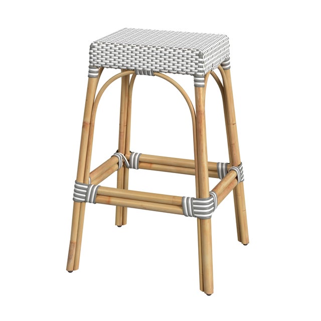 Wood Robias 30 in. Seat Height Rectangular Rattan Backless Bar Stool, Gray/White Dot / Natural Rattan Frame For Sale - Image 7 of 7