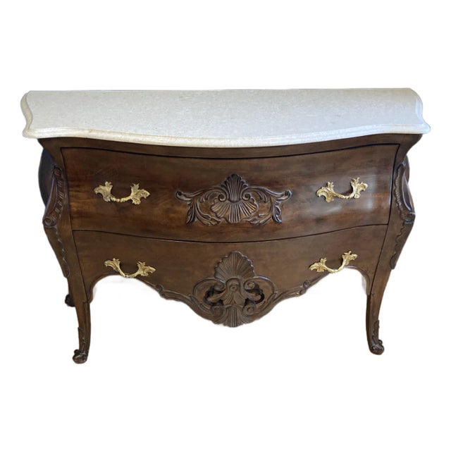Vintage Italian Carved Wood Bombe Dresser With Marble Top For Sale