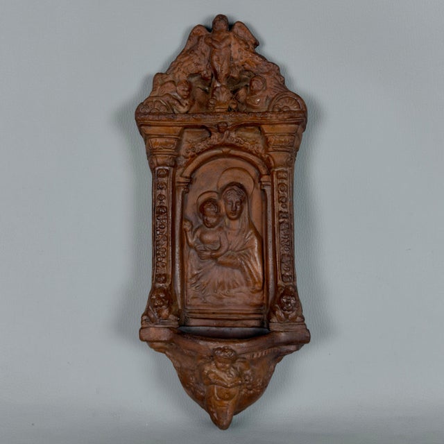 Vintage Terracotta Holy Water Stoup with Madonna and Child, 20th Century For Sale - Image 11 of 11