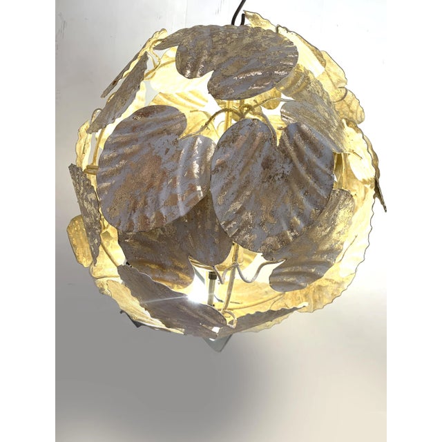 Metal Contemporary Gold-Leaf and White Leaves Sphere Suspension Pendant For Sale - Image 7 of 8