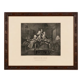 1837 William Hogarth “Charity in the Cellar” Engraving – Published by Baldwin & Cradock – Antique Carved Walnut Frame For Sale