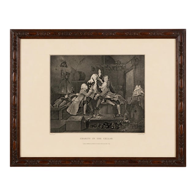 1837 William Hogarth “Charity in the Cellar” Engraving – Published by Baldwin & Cradock – Antique Carved Walnut Frame For Sale