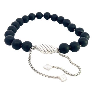 1990s David Yurman Authentic Estate Matte Onyx Beads Bracelet 6.6 - 8.5" Silver 8 mm For Sale