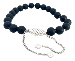 1990s David Yurman Authentic Estate Matte Onyx Beads Bracelet 6.6 - 8.5" Silver 8 mm