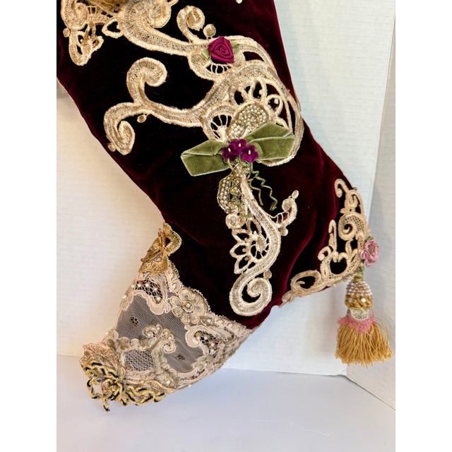 Victorian Style Burgundy Velvet Christmas Stocking With Cherub, Lace & Tassels For Sale - Image 13 of 14