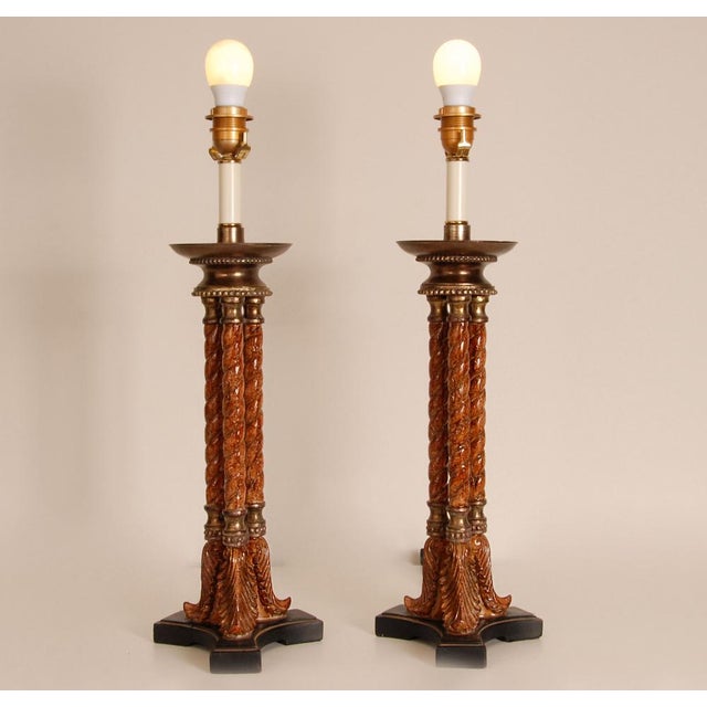 1980s Vintage Italian Neoclassical Column Lamps in Turned Burl Wood, 1980s, Set of 2 For Sale - Image 5 of 9