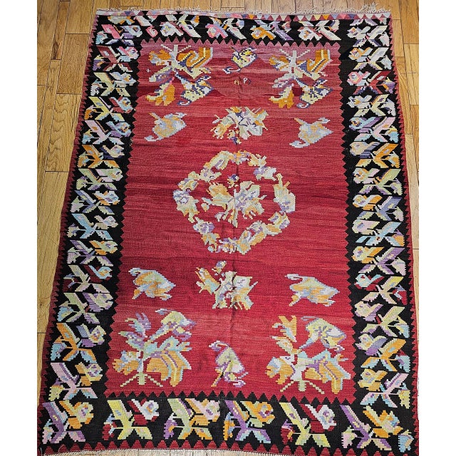 Vintage Caucasian Karabagh Kilim, Handwoven Floral Pattern, Red & Black, 7x10 For Sale - Image 4 of 12