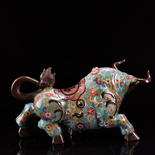 Metal Late 19th Century Cloisonné Enamel Ox Figure, 2400g, Gilt Bronze For Sale - Image 7 of 12