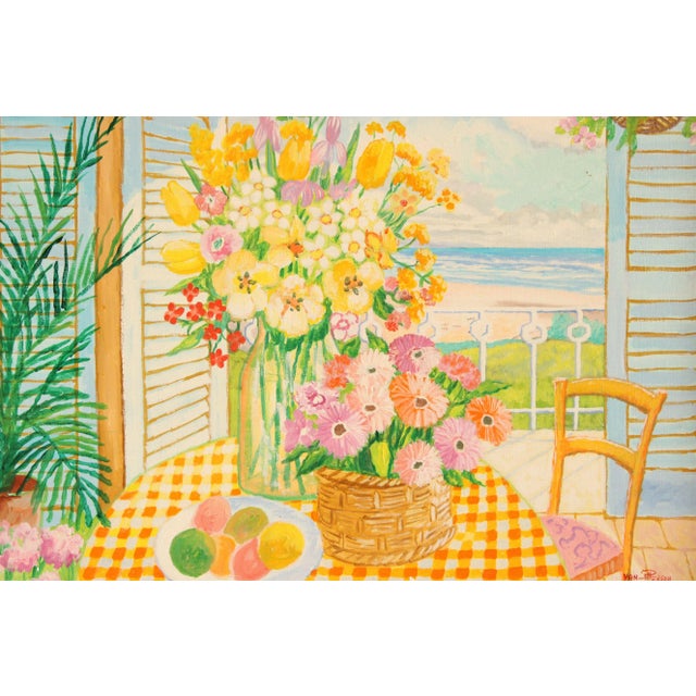 1980s 1980s Lloyd Van Pitterson Tropical Ocean View Balcony Custom Framed Original Oil Painting For Sale - Image 5 of 12