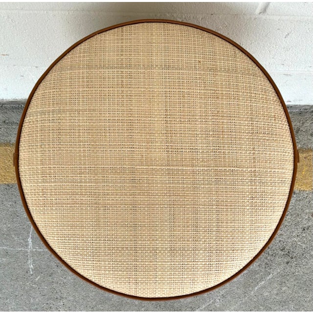 Original retail $1600, stylish Made Goods Organic Modern Raffia and Leather Quinn Stool, showroom floor sample
