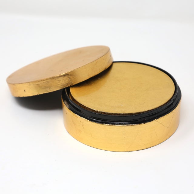Contemporary Vintage Gold Leaf and Lacquer Beverage Coaster Set With Lidded Holder — Set of 7 For Sale - Image 3 of 8