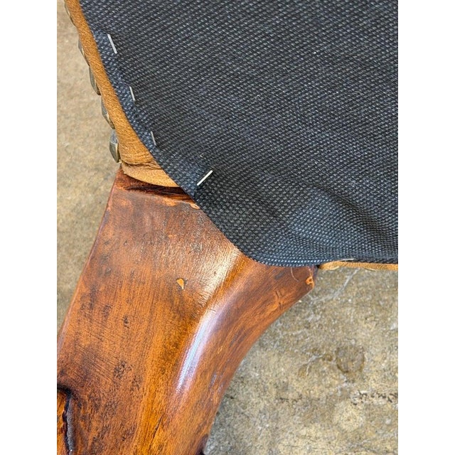 Antique French Louis XV Bench, Hand-Carved Wood & Brown Leather For Sale - Image 9 of 14