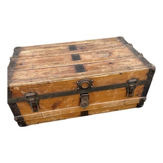 Antique Low Profile Flat Top Wooden Trunk For Sale