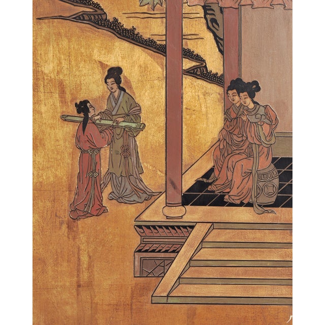 Chinese Export Eight-Panel Coromandel Screen Gilt Pavilion 10 Ft For Sale - Image 13 of 18