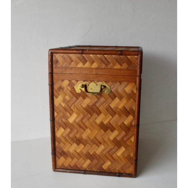 Tan Vintage Bamboo Woven Rattan Storage Chest Trunk Brass Hardware Details Lockable Mid-Century For Sale - Image 8 of 18