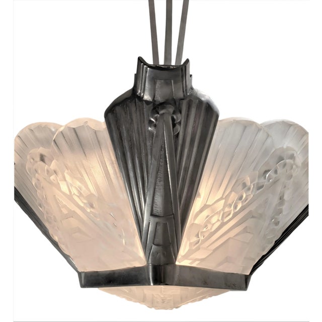 Metal Early 20th Century French Chandelier with Frosted Art Glass Panels and Nickeled Bronze Frame J. Robert For Sale - Image 7 of 12