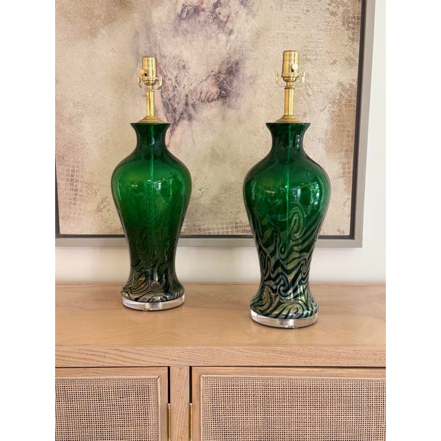 Mid-Century Modern Emerald Green Vintage Murano Lamps With Iridescent Glass Swirl Effect For Sale - Image 3 of 12