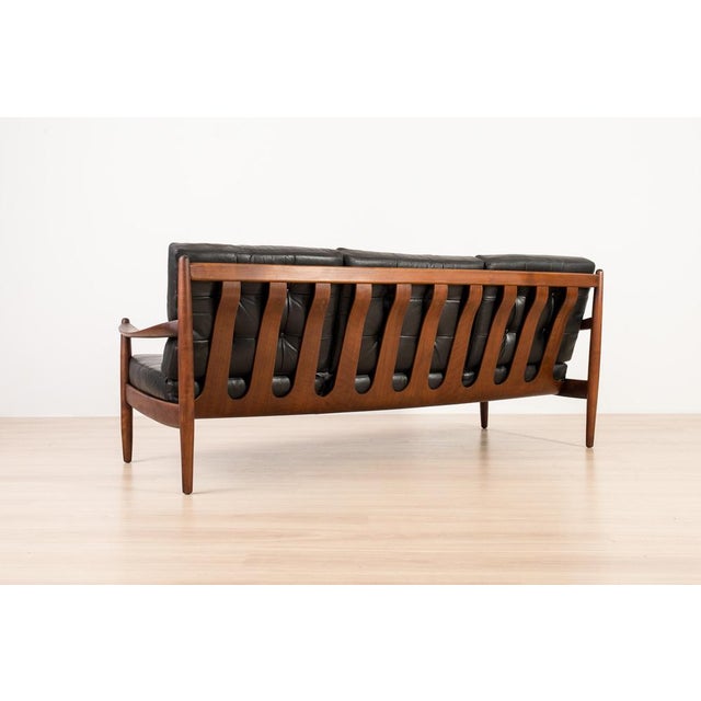 1960s Scandinavian 3-Seater Sofa in Wood and Black Leather, 1960s For Sale - Image 5 of 12