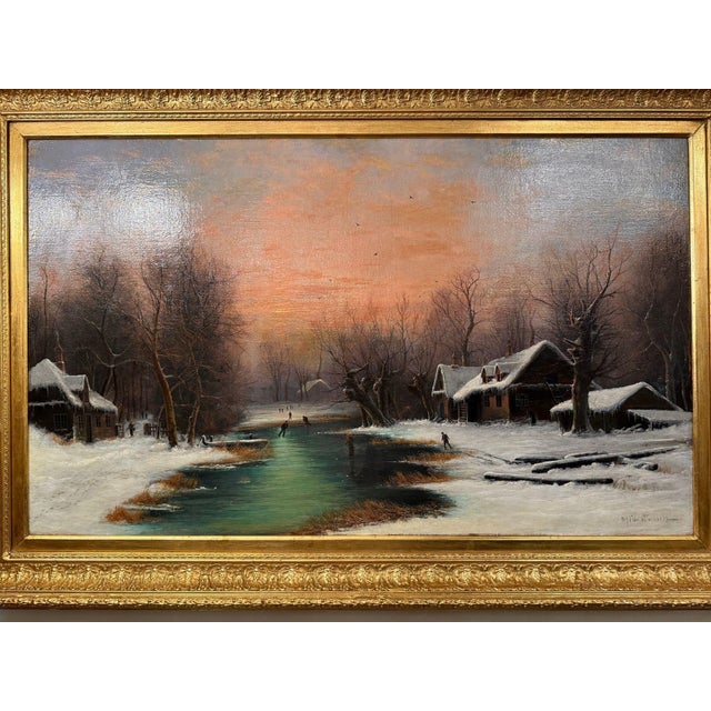 A captivating winter landscape by Nils Hans Christiansen, depicting a peaceful snow-covered village at dusk with a winding...