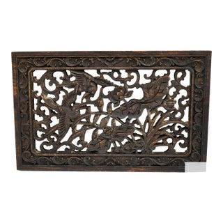 Vintage Hand Carved Chinese Plaque With Birds & Floral Details For Sale