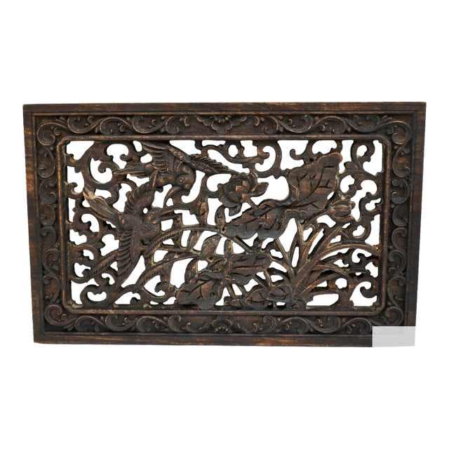 Vintage Hand Carved Chinese Plaque With Birds & Floral Details For Sale