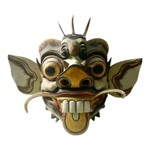 1950s Balinese Carved Wood Deity Mask Wall Decor With Moving Ears
