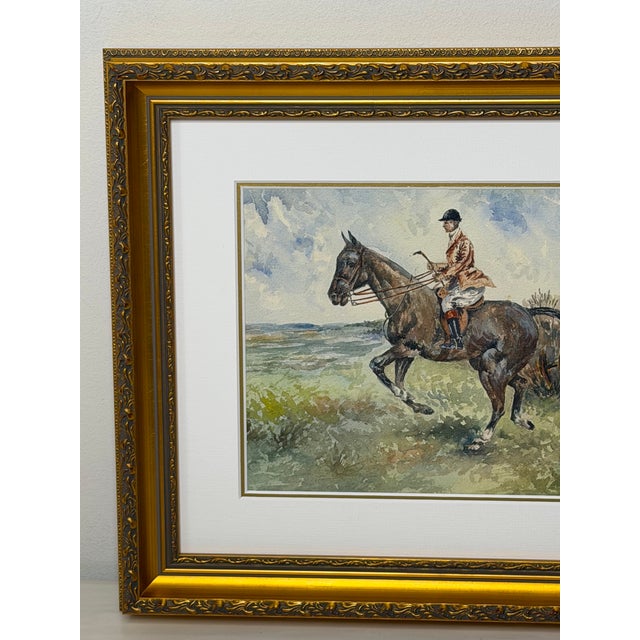 British Sporting School, Circa 1990 – The Huntsman on a Bay Hunter – Equestrian Watercolor Description An evocative...