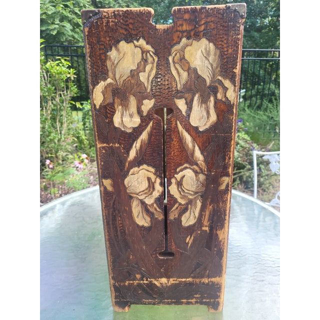 Antique Arts & Crafts Carved & Pyrographic Iris Umbrella Stand, C. 1910 For Sale In Washington DC - Image 6 of 9