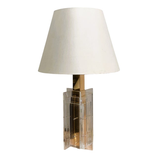 Large Brass & Acrylic Glass Architectural Table Lamp, 1970s For Sale