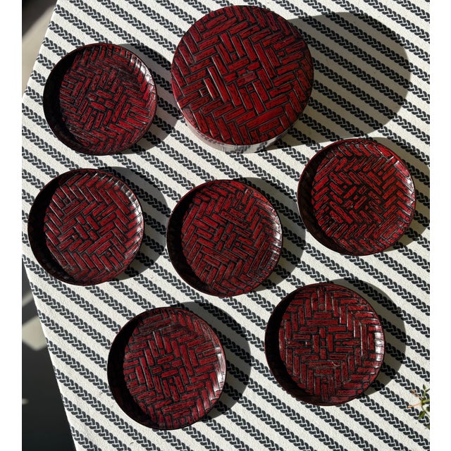 Otagiri Company Vintage Chinoiserie Style Red Lacquerware Faux Bamboo Coaster Set by Otagiri - Set of 6 For Sale - Image 4 of 17
