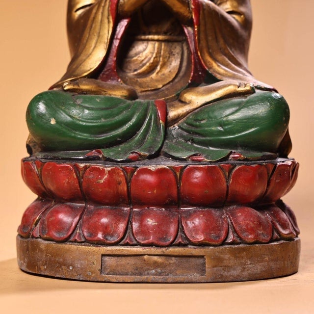 Vintage Painted Copper Buddha Statue on Double Lotus Base For Sale - Image 10 of 10